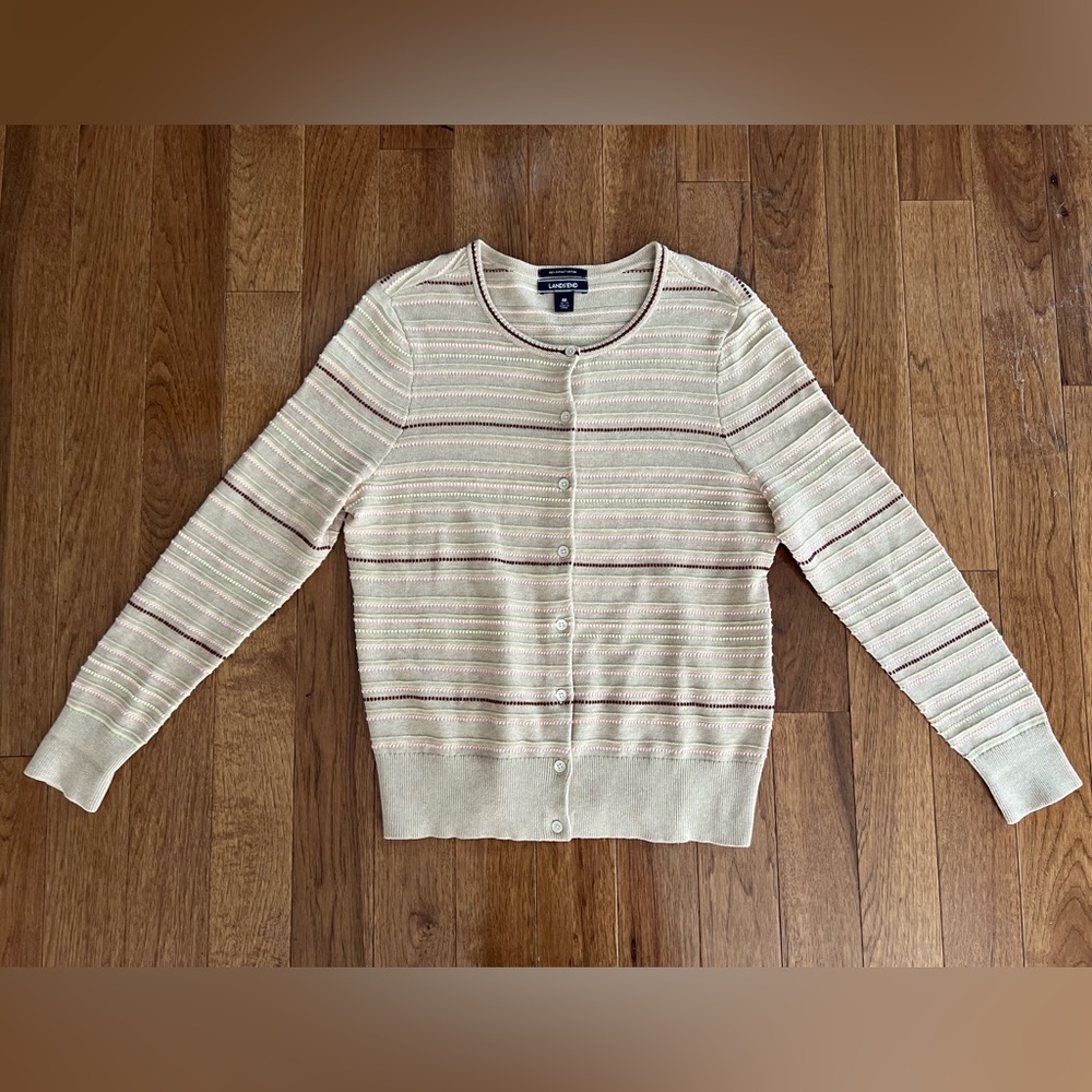 100% Supima Cotton Lands' End Beige Striped Cotton Cardigan size M